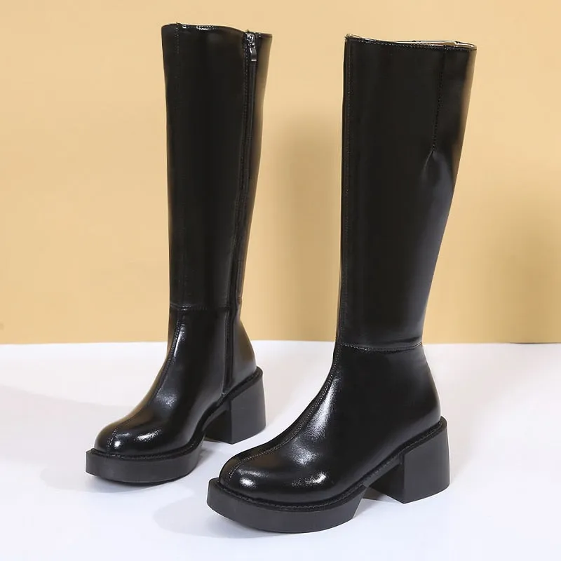 Amozae-Women's Fashion Thigh High Long Boots Solid Square Heels Ladies Shoes Autumn Winter Soft Leather Zip Female Knee High Boots 2024