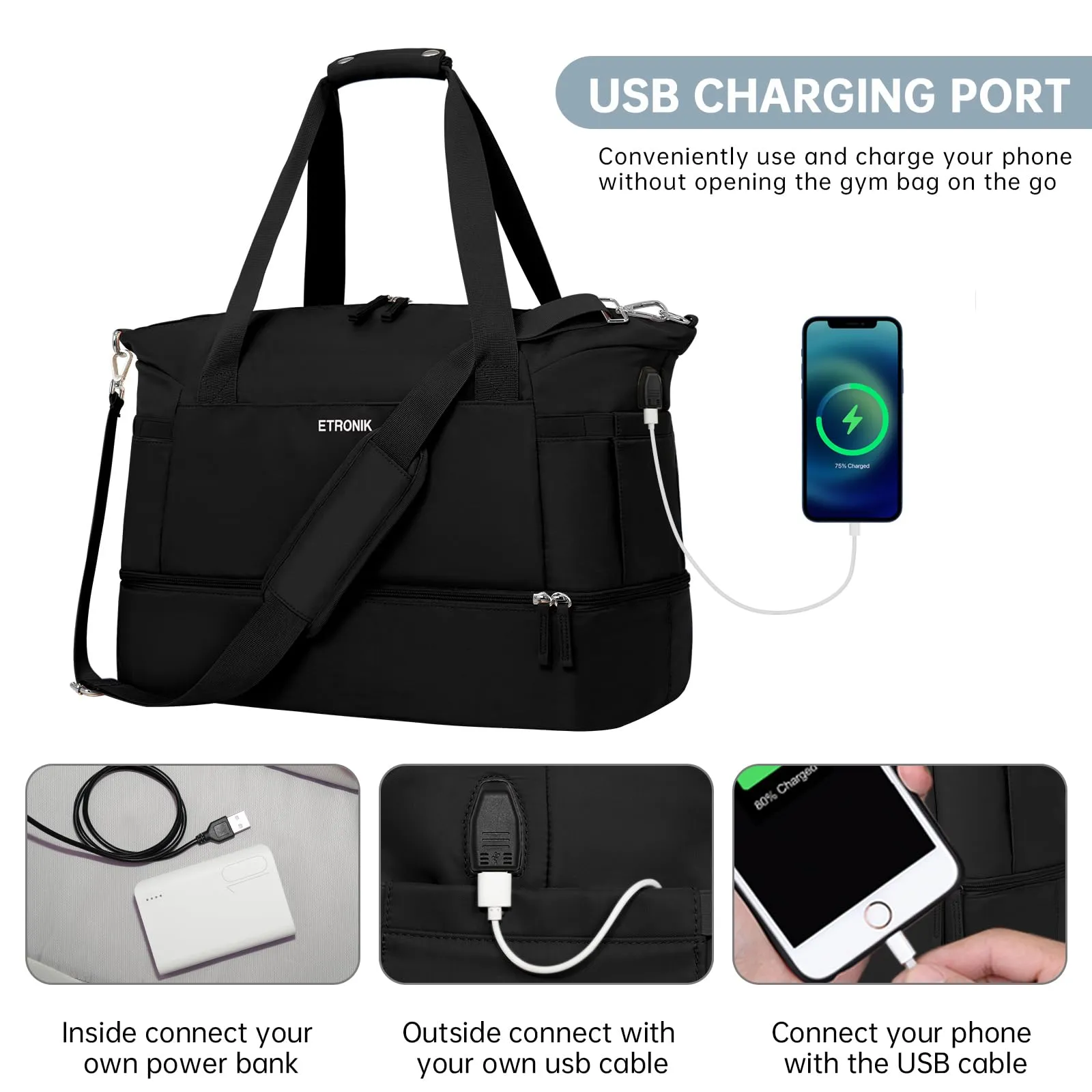 ETRONIK Gym Bag for Women, 47L Carry On Travel Duffel Bag with Shoes Compartment, Weekender Overnight Bag with Wet Pocket & USB Charging Port for Women, Travel, Gym, Weekend, Large Size (Black)