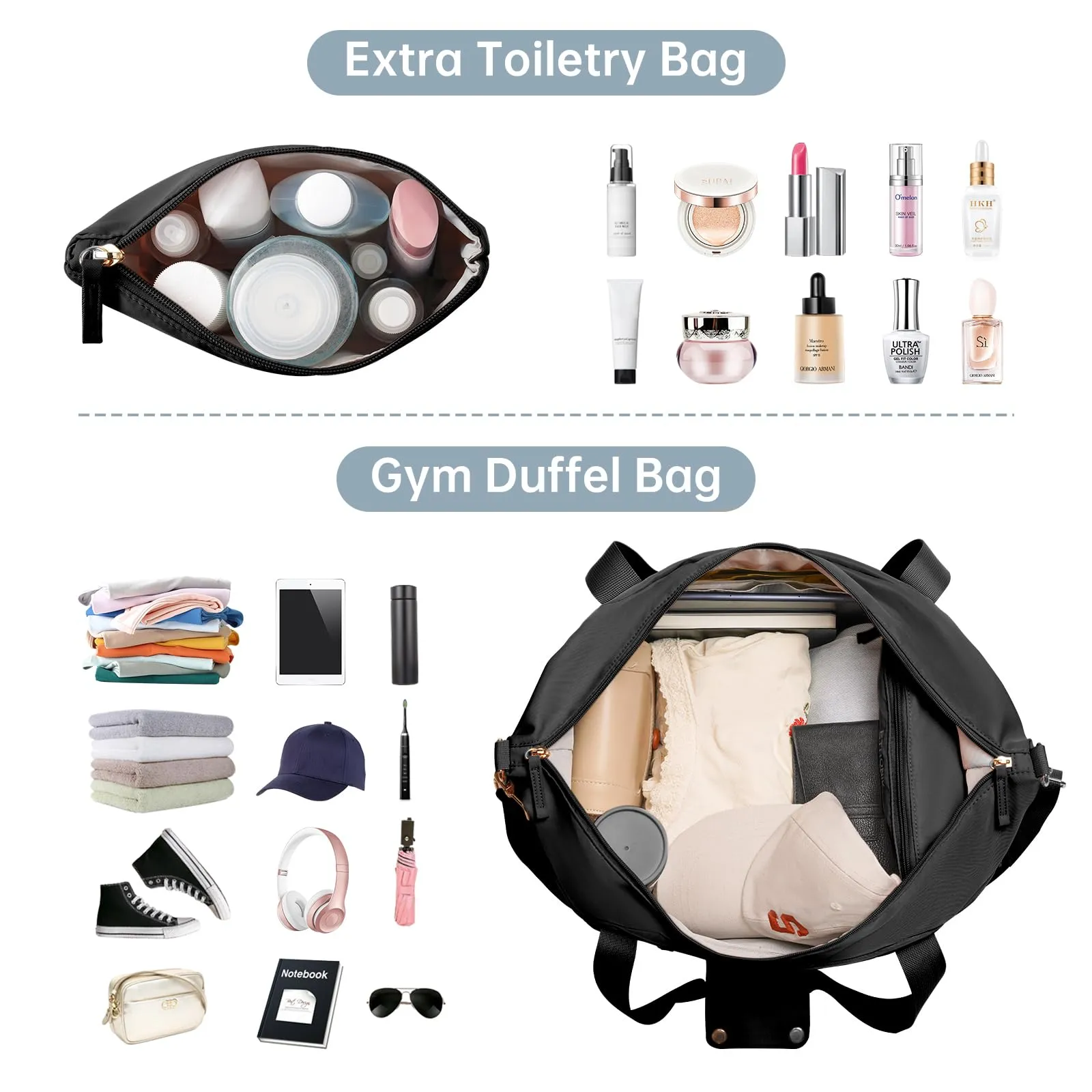 ETRONIK Gym Bag for Women, 47L Carry On Travel Duffel Bag with Shoes Compartment, Weekender Overnight Bag with Wet Pocket & USB Charging Port for Women, Travel, Gym, Weekend, Large Size (Black)