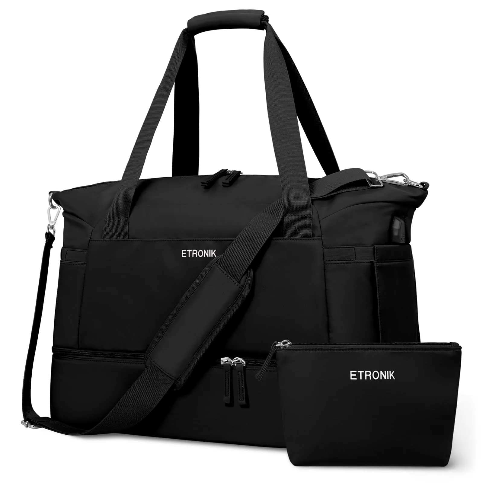ETRONIK Gym Bag for Women, 47L Carry On Travel Duffel Bag with Shoes Compartment, Weekender Overnight Bag with Wet Pocket & USB Charging Port for Women, Travel, Gym, Weekend, Large Size (Black)
