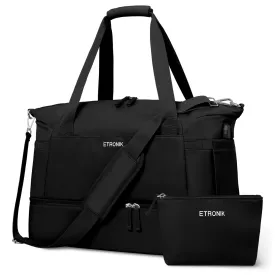 ETRONIK Gym Bag for Women, 47L Carry On Travel Duffel Bag with Shoes Compartment, Weekender Overnight Bag with Wet Pocket & USB Charging Port for Women, Travel, Gym, Weekend, Large Size (Black)