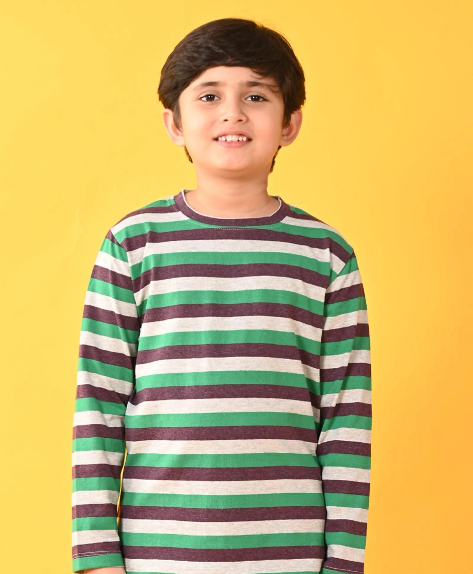 GREEN GREY BROWN STRIPED LONG SLEEVES BOYS PYJAMA SET