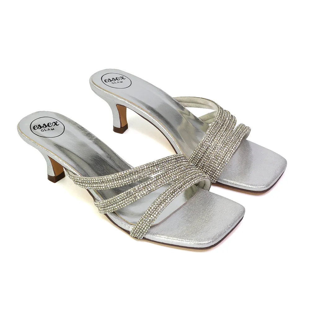 Jennie Square Toe Diamante Sparkly Gem Crystal Sandal Heeled Mules in Rose Gold