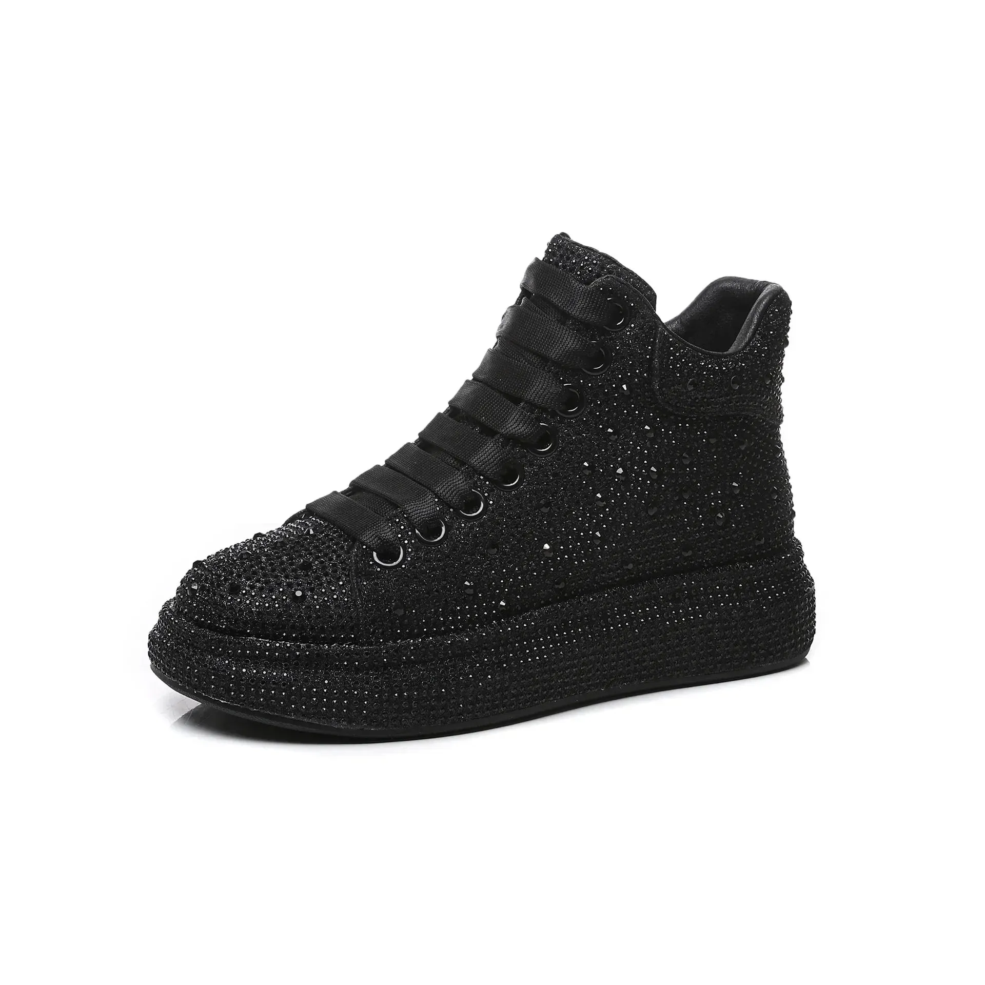 Top Quality Women's High-Top Skate Sneakers – Warm Cotton, Rhinestone Accents, Shiny Casual Board Shoes, Size 43
