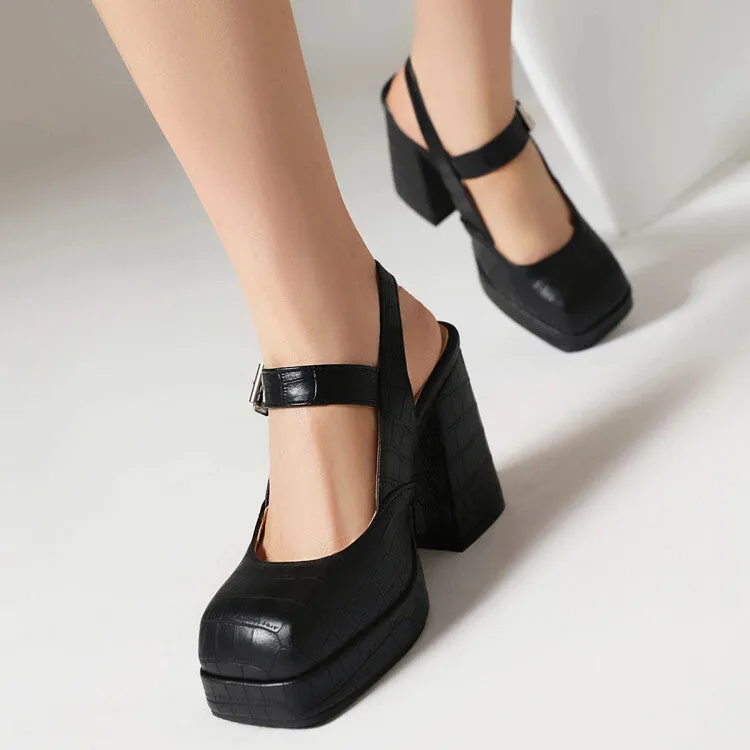 Women's Square Toe Shallow Buckle Straps Block Chunky Heel Platform Sandals